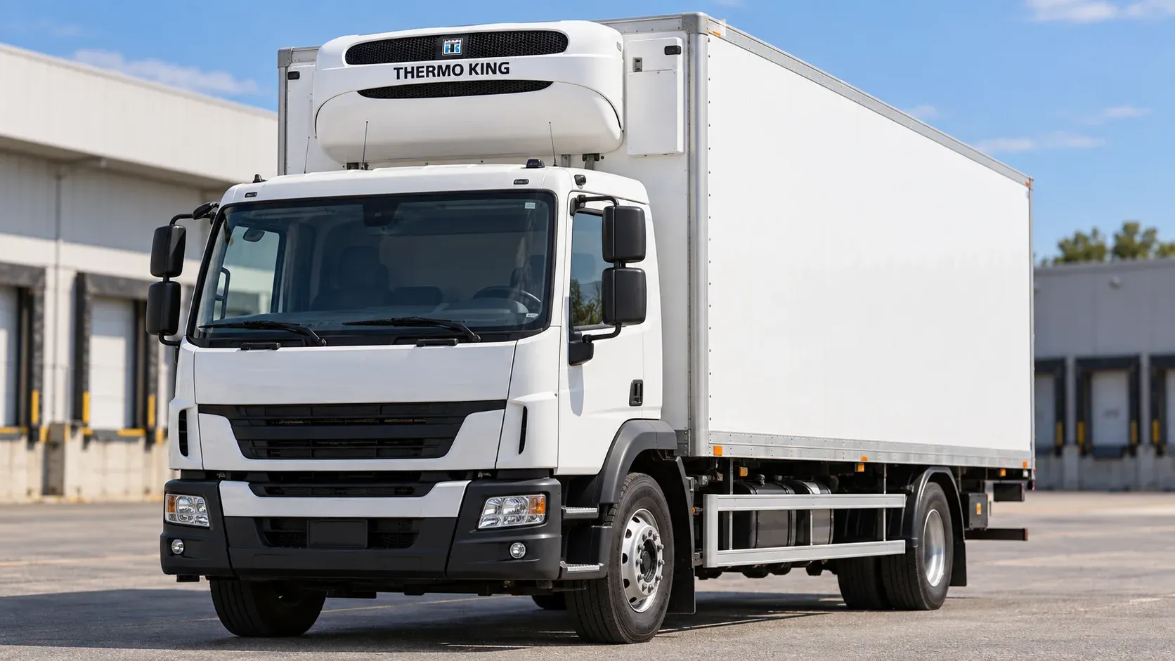 Camión refrigerado equipado con una unidad frigorífica para mantener la cadena de frío durante el transporte de alimentos.