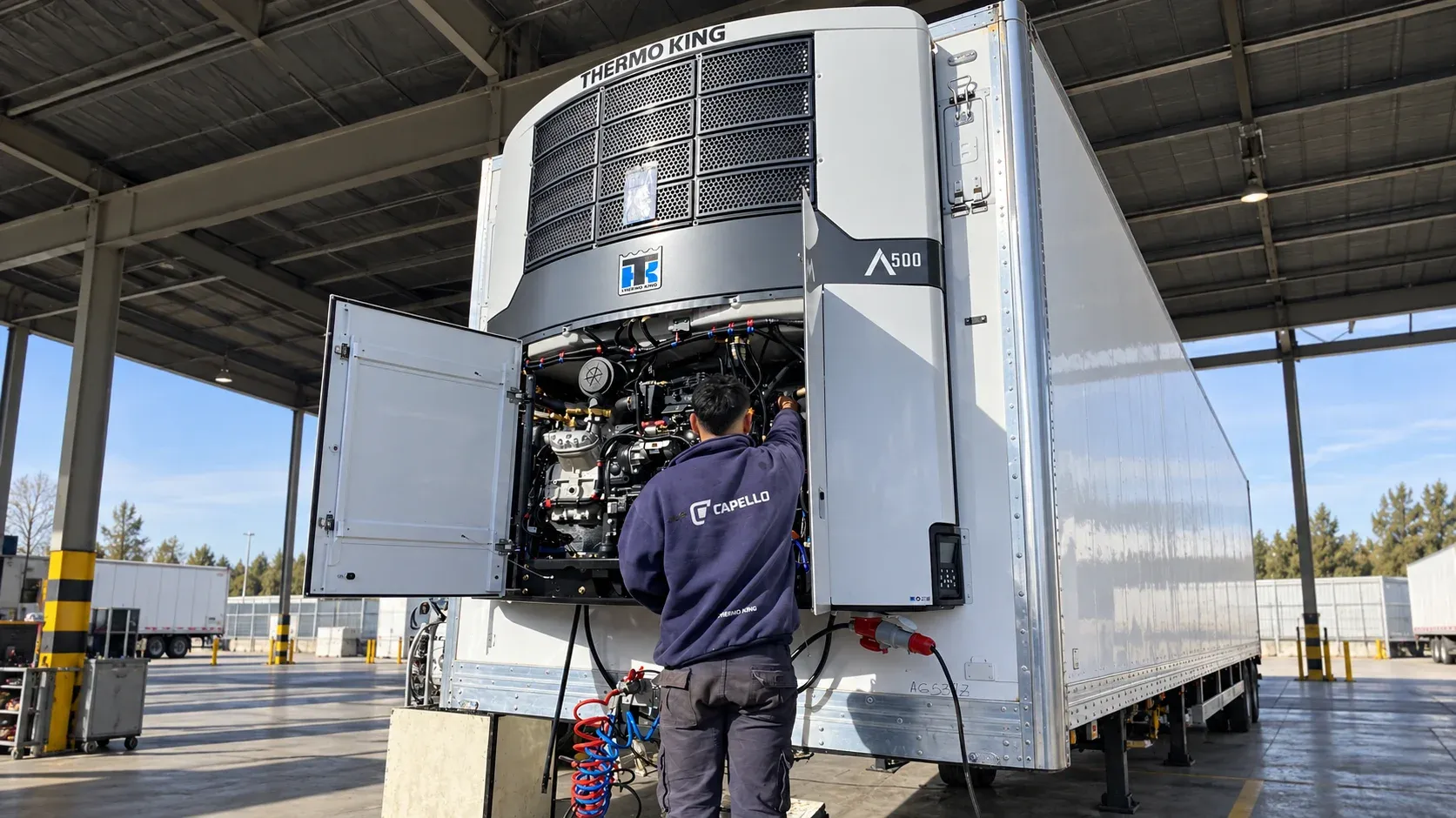 Técnico realizando el mantenimiento preventivo de un equipo de refrigeración para transporte de alimentos refrigerados
