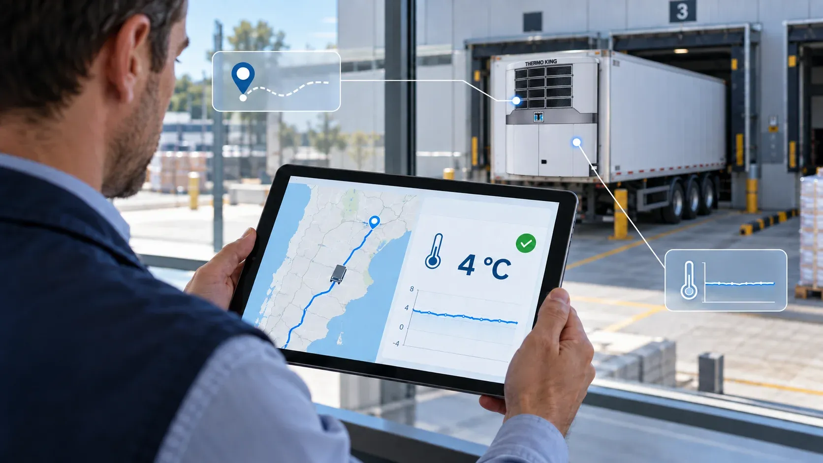 Monitoreo en tiempo real de la temperatura y ubicación de una unidad de refrigeración para transporte de alimentos.