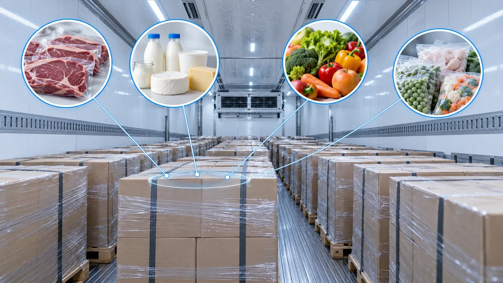 Carga de carnes, lácteos, frutas y alimentos congelados dentro de un vehículo refrigerado con temperatura controlada.