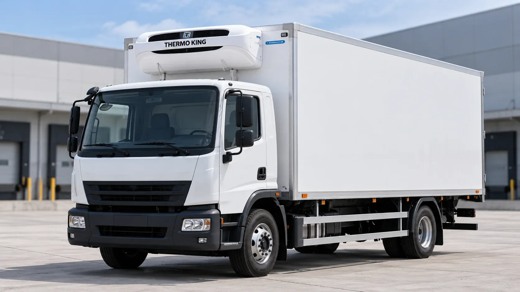 Vehículo de transporte equipado con una unidad frigorífica de motor diésel independiente para mantener la temperatura de la carga.